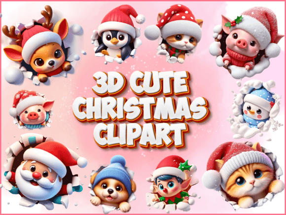 3D Cute Peeking Funny Christmas Clipart for Modern Illustrations