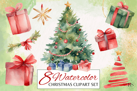 8 Watercolor Merry Christmas Clipart Set: Illustrations for Real Crafting