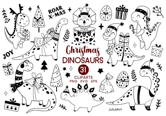 Black Dinosaur Christmas Clipart for Illustrations