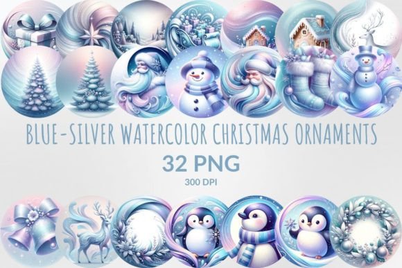 Blue-silver Christmas Ornaments Clipart for Modern Illustrations