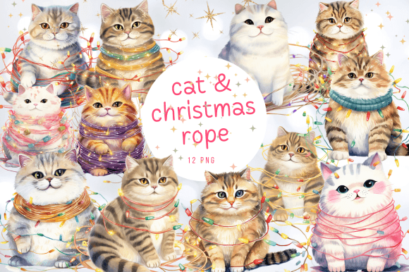Cat Cute Christmas Light PNG Sublimation for Illustrations