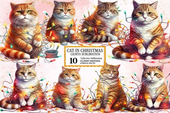 Cat in Christmas Lights Sublimation for Modern Illustrations