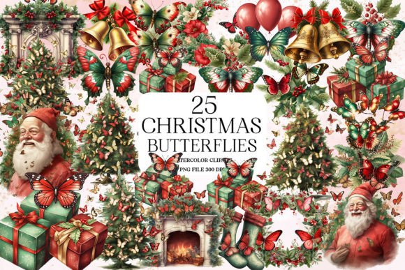 Christmas Butterflies Sublimation Bundle for Illustrations