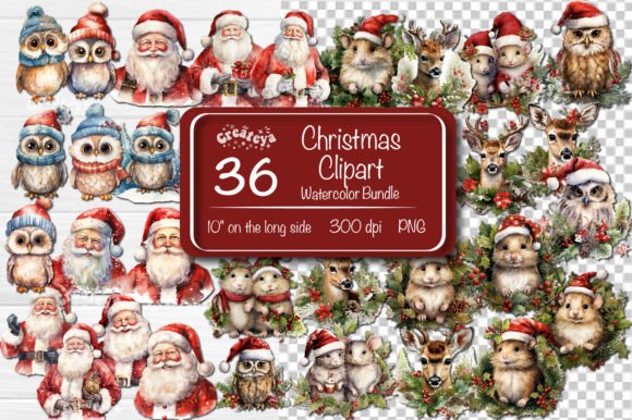 Christmas Clipart Bundle Watercolor Png for Illustrations