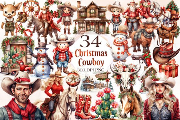 Christmas Cowboy Sublimation Clipart for Modern Illustrations