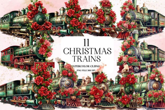 Christmas Trains Sublimation Clipart for Illustrations