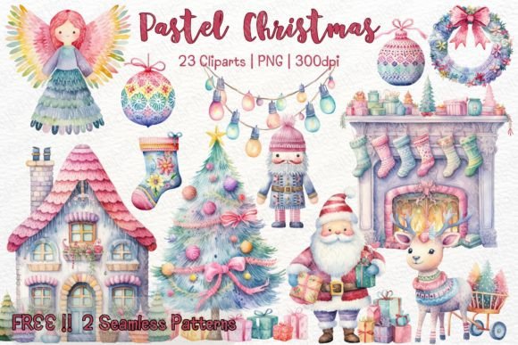 Cute Pastel Christmas Watercolor Clipart for Illustrations