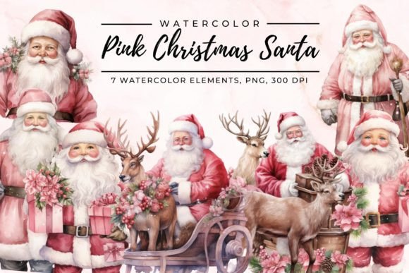 Pink Christmas Santa Clipart for Modern Illustrations