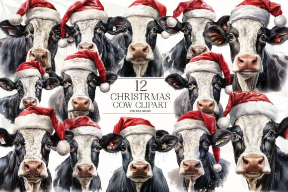 Vintage Christmas Cow Clipart for Festive Illustrations