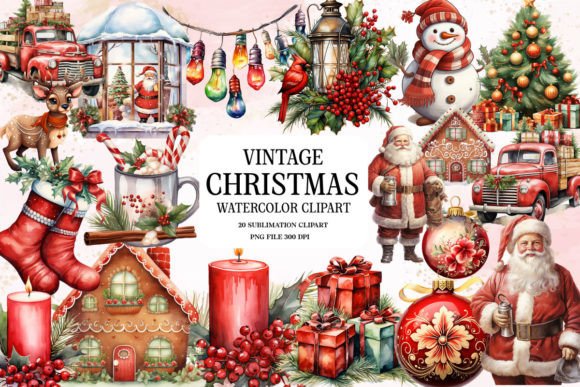 Vintage Christmas Watercolor Clipart for Seasonal Illustrations