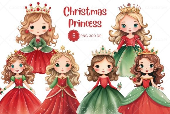 Watercolor Christmas Princess Clipart for Illustrations