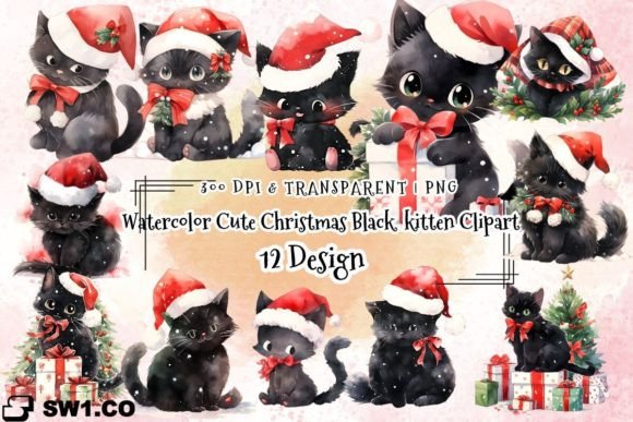Watercolor Cute Christmas Black Kitten Illustrations