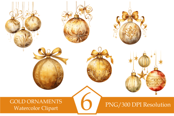Watercolor Gold Christmas Ornaments: Premium Illustrations for Sellers